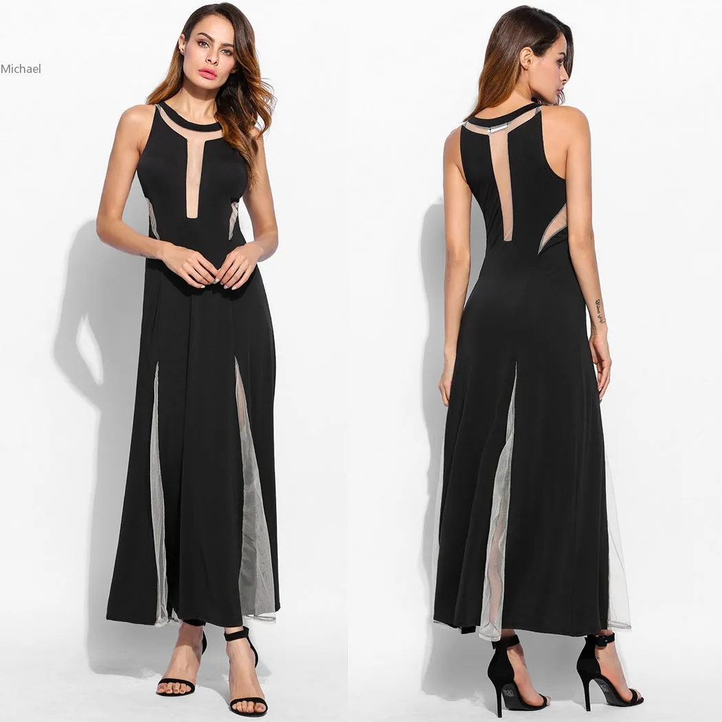 FANALA Summer Dress Women Sleeveless Sexy Long Maxi Party Dresses O-Neck Mesh Patchwork See-Through Slim Vestidos | Женская одежда