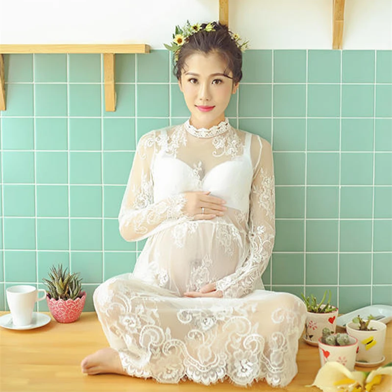 Женское кружевное платье с длинным рукавом Белое Прозрачное для беременных лето