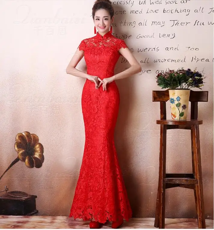 Китайский стиль Qipao красное кружево Cheongsam женские восточные воротники Свадебные