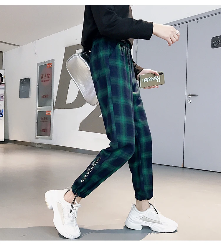 Jielur спортивные штаны женские клетчатые брюки женский корейский стиль Harajuku Boyfriends широкие брюки свободные винтажные зеленые клетчатые джоггеры женские эластичные талии