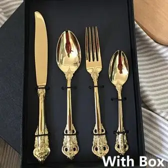 4pcs in Box 4 шт. Ретро винтажная Золотая посуда набор роскошная Свадебная посуда Позолоченные столовые приборы из нержавеющей стали нож и вилка Рождественский подарок - Цвет: 4pcs in Box