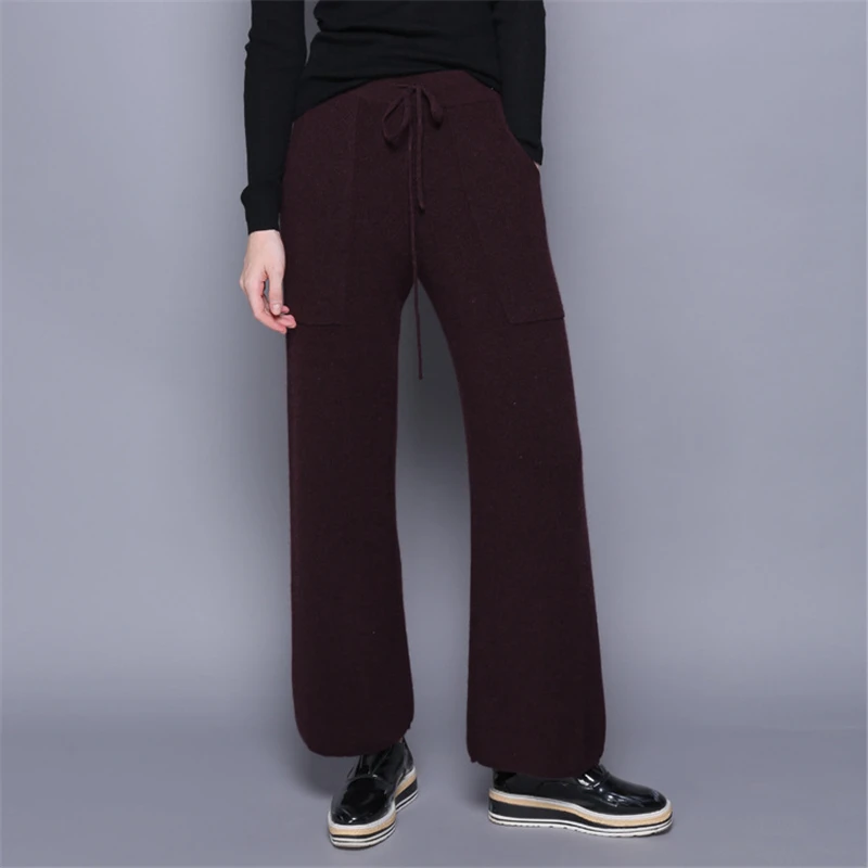 

100%cashmere knit women spring autumn winter wide leg pants sashes trousers camel 4 solid color EU/M-L