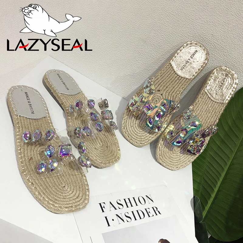 LazySeal/Вьетнамки; сезон лето; Mujer Zapatos; ; шлепанцы на плоской подошве с кристаллами; пляжные шлепанцы с прозрачными стразами и заклепками; женские шлепанцы