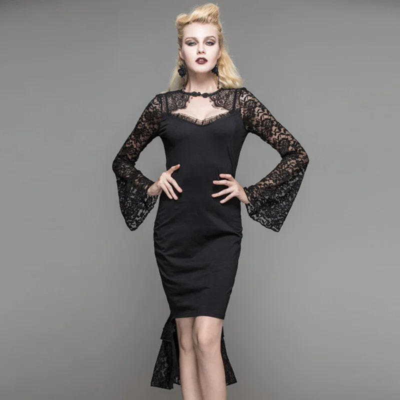 

Devil Fashion Sexy Dresses Women Sexy Lace See Through Long Dress Gothic Black Long Sleeve Bodycon Slim Fishtail Long Dress