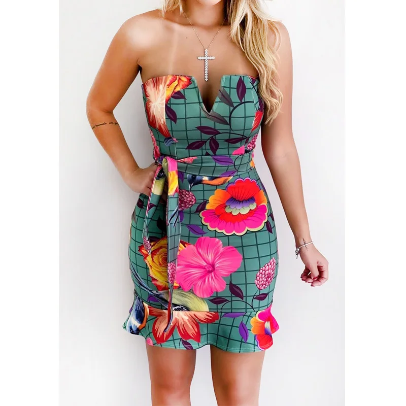 Plunge Neck Deep V Strapless Bodycon Slim Short Sleeveless Dress Sexy Floral Print Ruffles Tube | Женская одежда