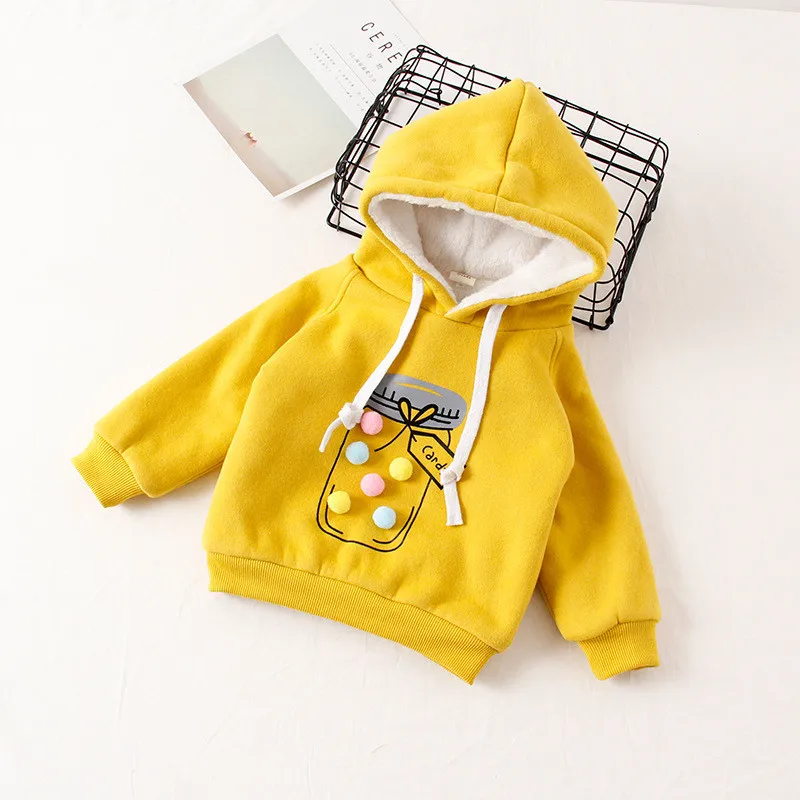 

Dulce Amor/пальто с капюшоном для девочек; сезон осень-зима; теплый хлопковый бархатный пуловер с помпонами; детская утепленная верхняя одежда