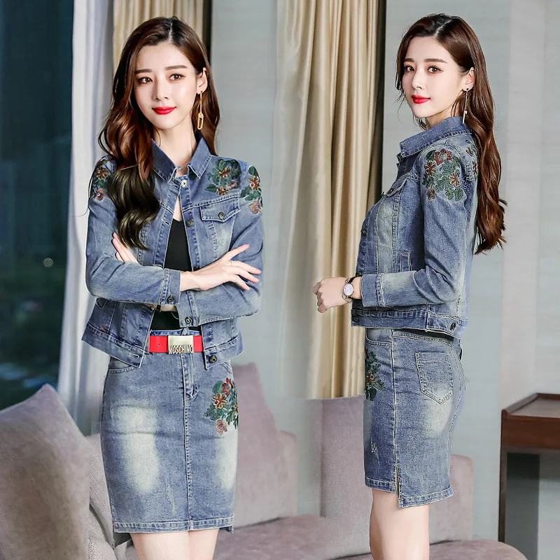 

Autumn new women's slim fashion boutique embroidery denim jacket / skirt two-piece suit TB190512