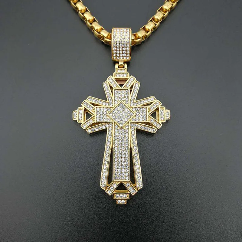 Хип-хоп CZ циркон проложили Bling Iced Out Золото Цвет Нержавеющая сталь большой крест подвески ожерелье для мужчин Христианская молитва ювелирные изделия