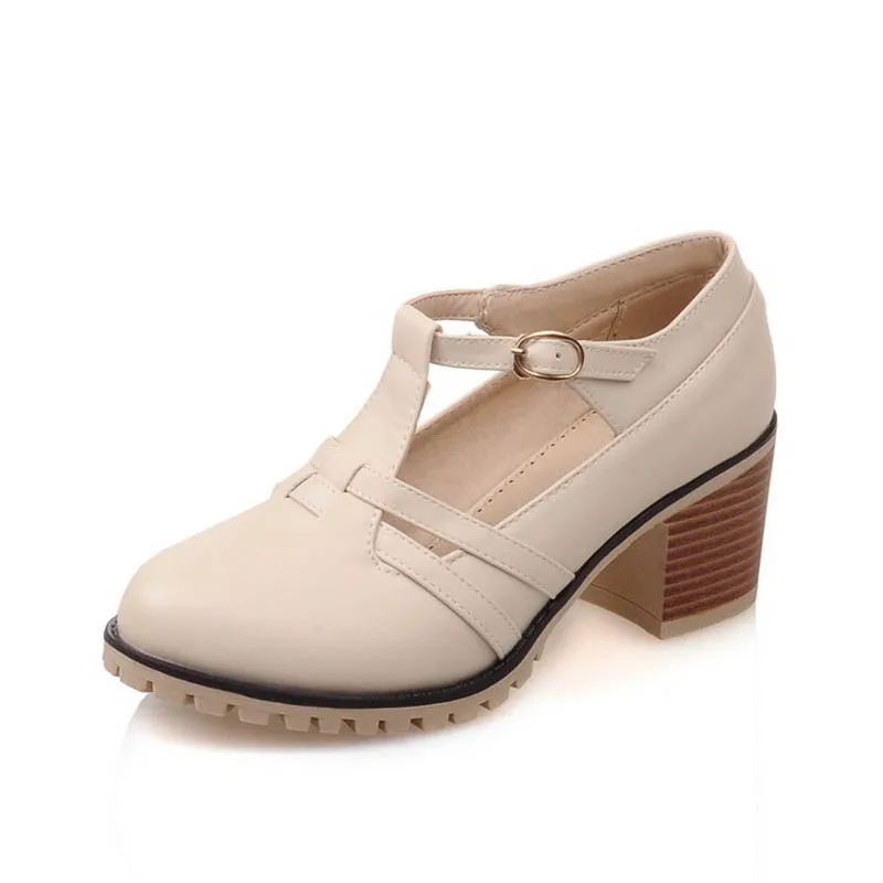 Мода Круглый Toe Т-ремень Квадратные Каблуки Женщины Насосы Сладкий Дамы