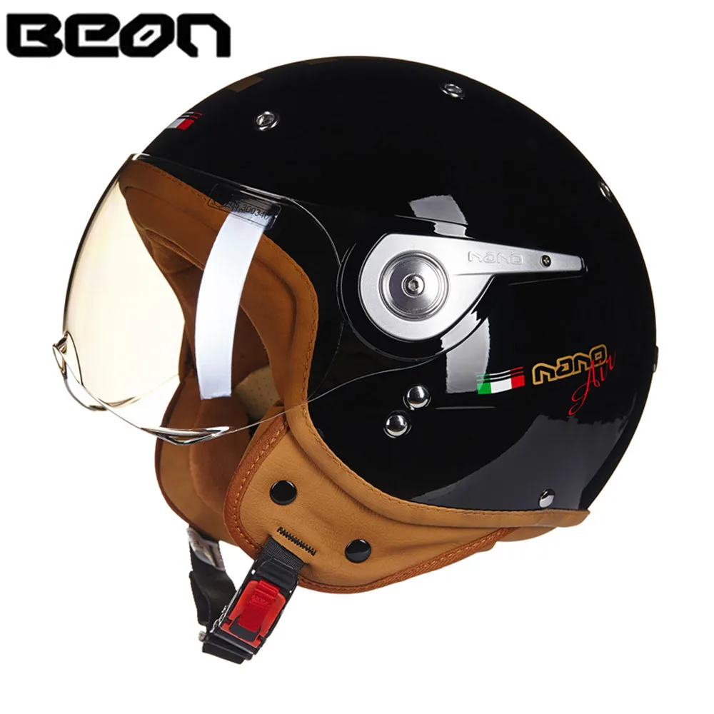BEON moto rcycle скутер шлем 3/4 с открытым лицом винтажный шлем 11040 moto Casque Casco moto cicleta Capacete унисекс реактивные шлемы - Цвет: Glossy Black