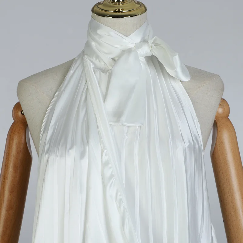 

OXANT Women's Shirt Sexy Shirtless Chiffon Blouse Neck Tie Lace Stitching Pleated Blouse Women Chiffon Blouse Women
