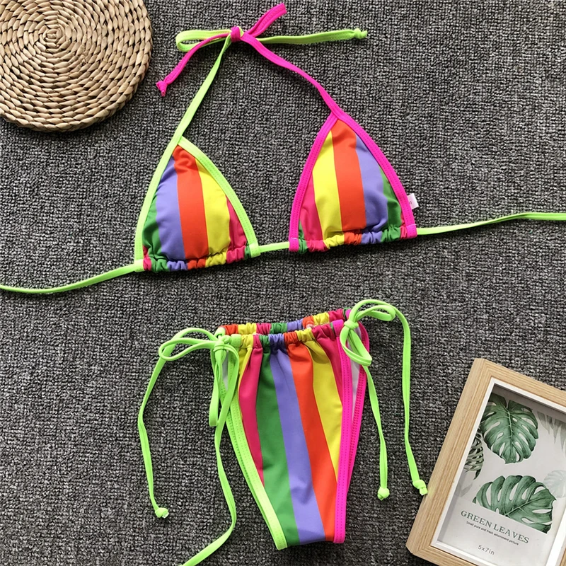 

Sexy Women Swimsuit Striped Swimwear Bandage Lace Up Bikini Set Padded Bra Bathing Suit