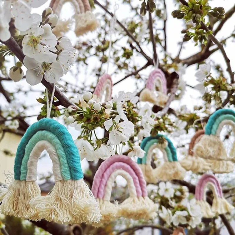 Большой ручной работы вязаный Радужный макраме настенный гобелен Плетеный с