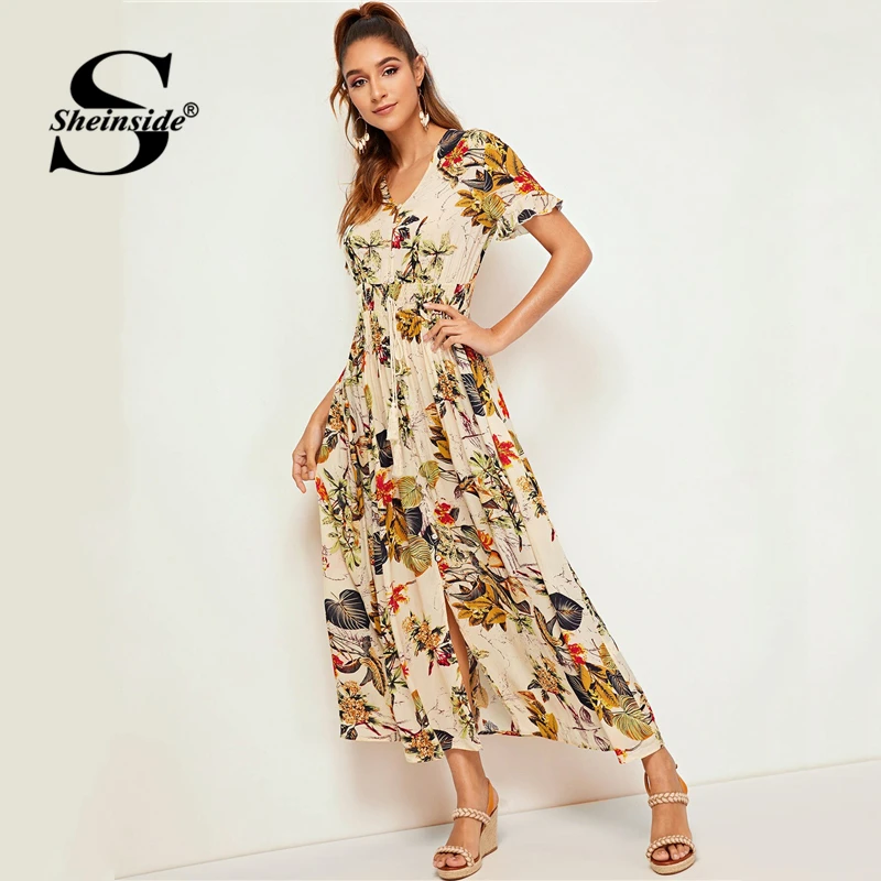 Sheinside Boho тропический принт рубашка платье для женщин Лето короткий рукав эластичный шнурок на талии платья женское плиссированное платье