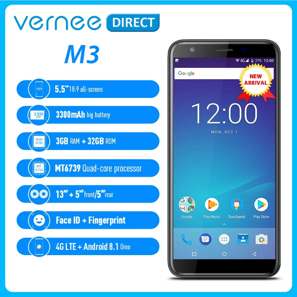 Телефон Vernee M3, 5,5 дюймов, 3 ГБ ОЗУ, 32 Гб ПЗУ, две камеры, ультра тонкий, для лица, ID, 13 МП+ 5 МП, Android 8,1, мобильные телефоны