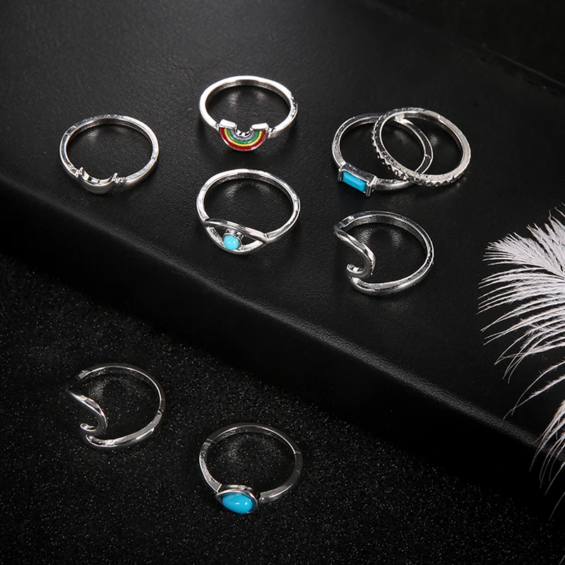 8 шт./компл. набор колец в стиле панк серебряного цвета с драгоценными камнями