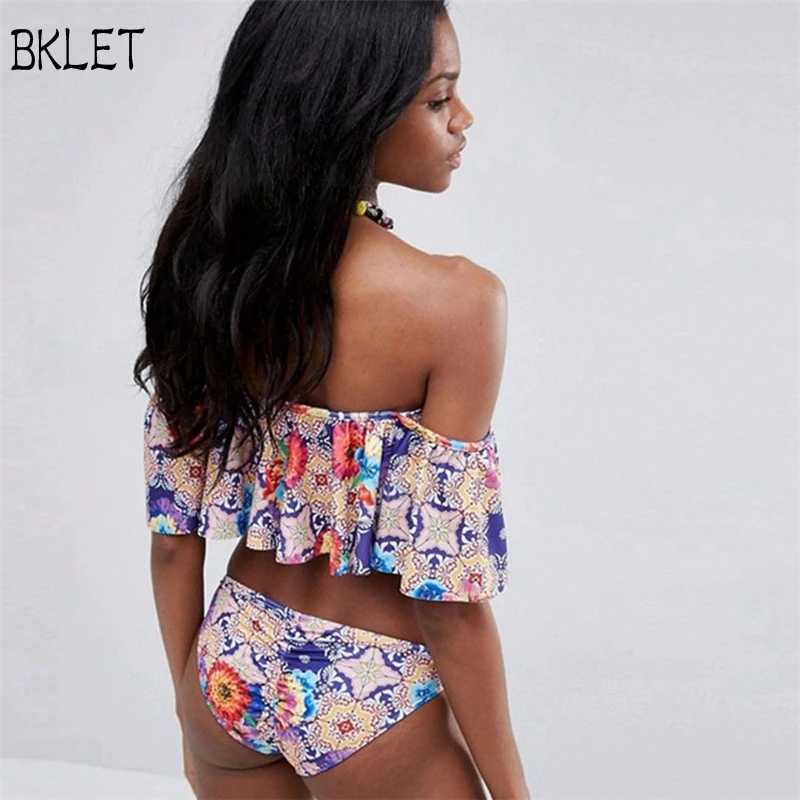 

New Arrival 2018 Ruffle Vintage Bikinis Swimwear Women Swimsuit Print Bandeau Bandage Bikini Set Bathing Suit