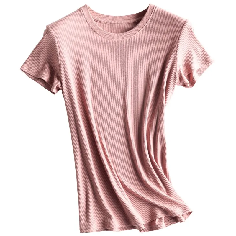 09 O Pink Высококачественная Женская трикотажная футболка с круглым вырезом Morandi разных цветов, легкая в уходе футболка с коротким рукавом, весна-лето, одежда для отдыха с v-образным вырезом - Цвет: 09 O Pink