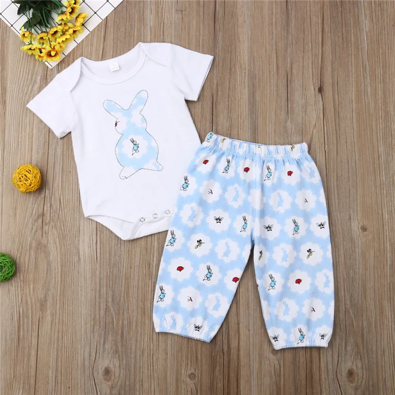 Kids Clothing Set Short Sleeve White Baby Rompers Rabbit Print Girls Tops Blue Long Pants Bottoms Children Boys Outfit | Детская одежда