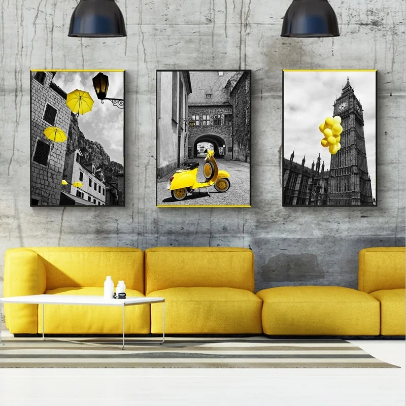 

Vintage City Landscape Black and Yellow Balloon Canvas Paintings Big Ben Prints Posters Decorative Wall Art Pictures Living Room