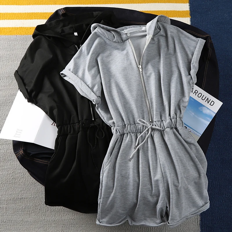 Комбинезон хлопковый с коротким рукавом худи глубоким v-образным вырезом Серый