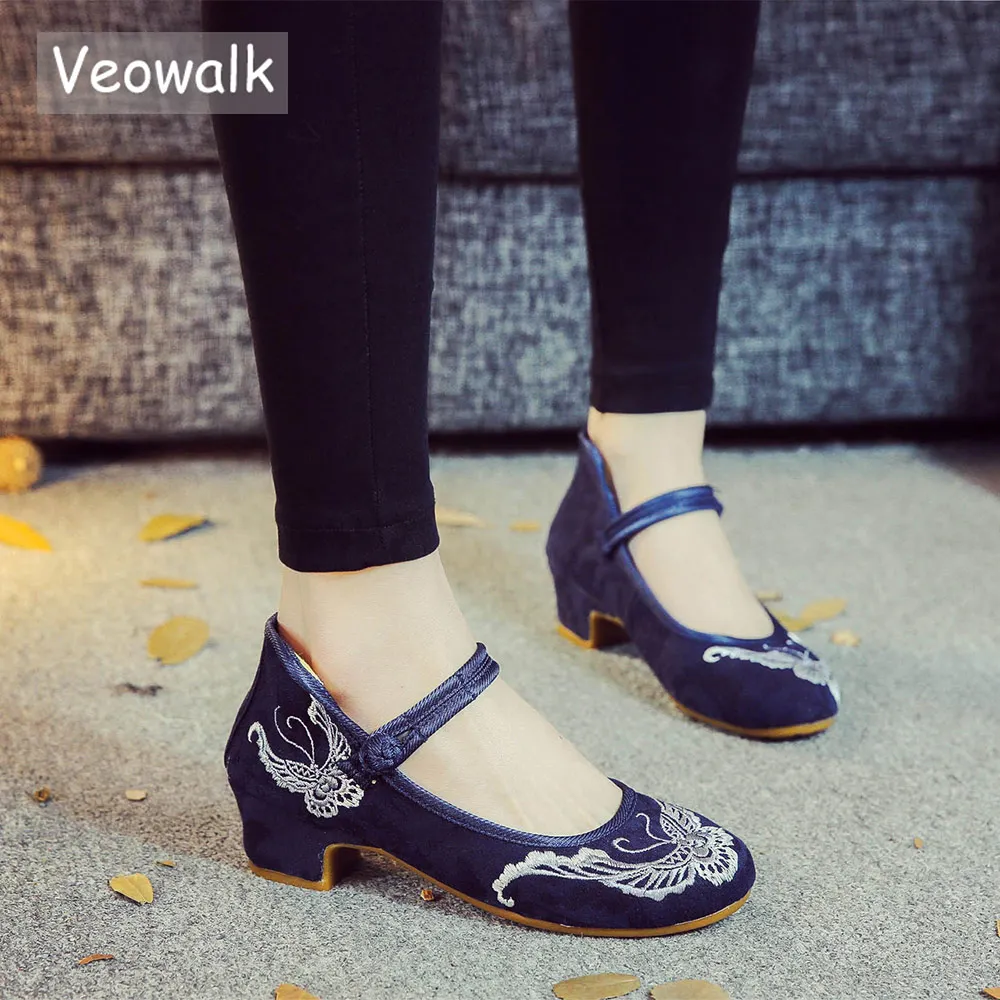 Veowalk/женские парусиновые туфли-лодочки на низком квадратном каблуке с вышивкой в