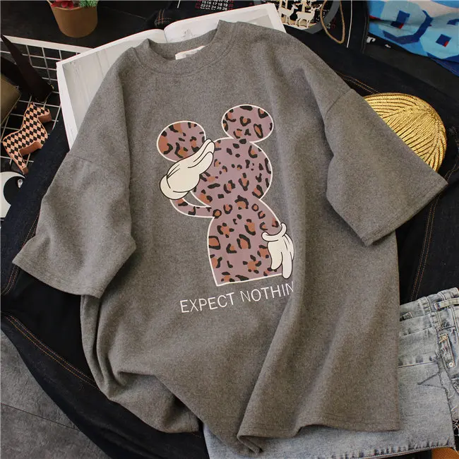 grey Женская футболка Kawaii с героями мультфильма «Салют Маус», Harajuku, Корейская одежда, летний топ с коротким рукавом, хлопковая Футболка с принтом, женские футболки - Цвет: grey