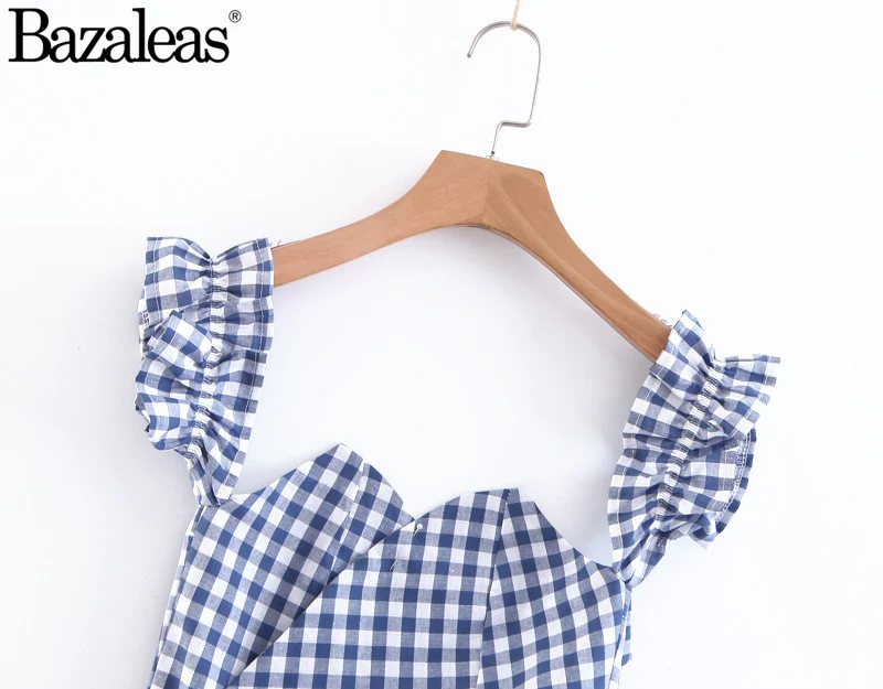 Tartan Blue Женщины Crop Top Tank Top С оборками Мини-юбка крест галстук случайные Обрезанные эластичные рукава