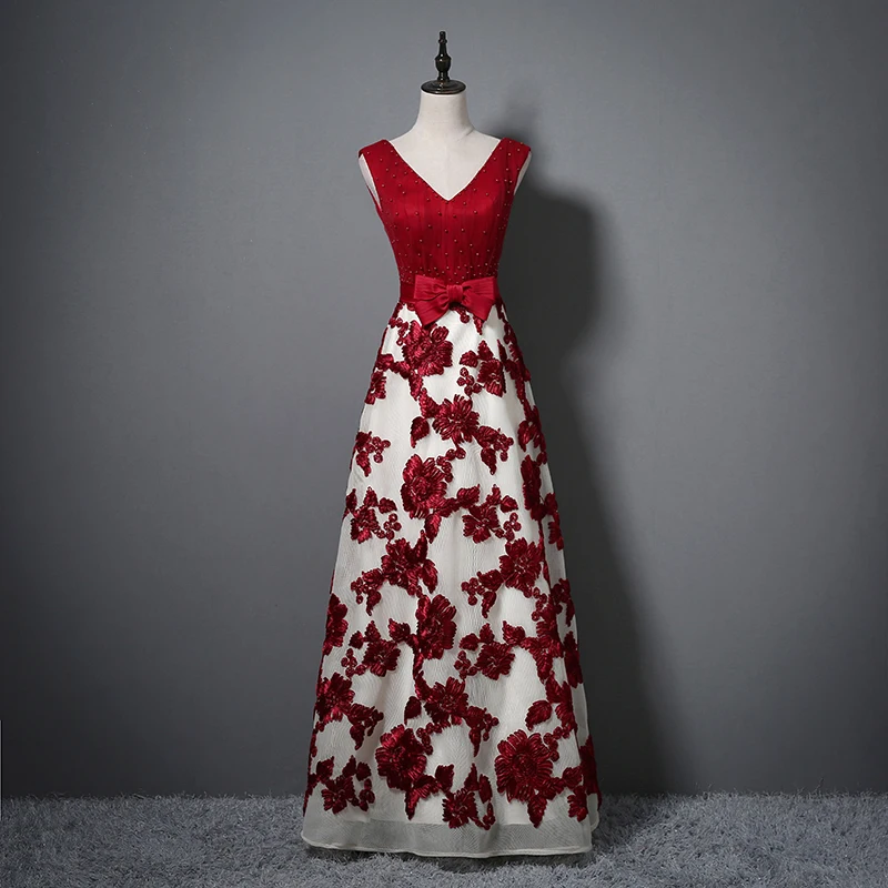 Vestido de festa, Новое поступление, платье с v-образным вырезом, с кружевом, бусинами, бантом, аппликацией, Длинные тюлевые вечерние платья,, розовое, красное