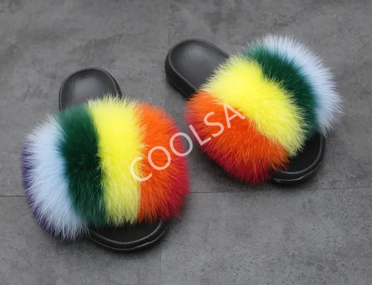 Women's Summer Fur Slippers Indoor Warm Fluffy Plush Home Shoes Woman Real Fox Hair Fur Slides Furry Sandals Female Flip Flops