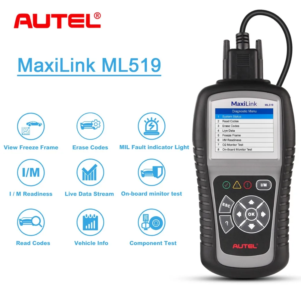 

2019 новейший Autel MaxiLink ML519 OBD2 сканер двигателя автомобиля диагностический инструмент EOBD, OBDII считыватель кодов лучше ELM327