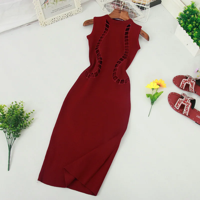 Wine red Винтажное сексуальное обтягивающее облегающее трикотажное платье-карандаш средней длины, летнее вечернее платье на бретелях, сарафан длиной до колена, женское повседневное облегающее платье Vestidos - Цвет: Wine red
