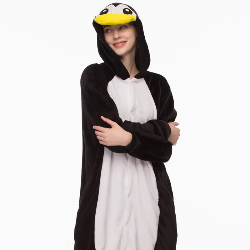 

Women Kigurumi Black Penguin Pajamas Sets Flannel Hood Animal Pajamas Adult Winter Onesies Nightie Pyjamas Sleepwear Homewear