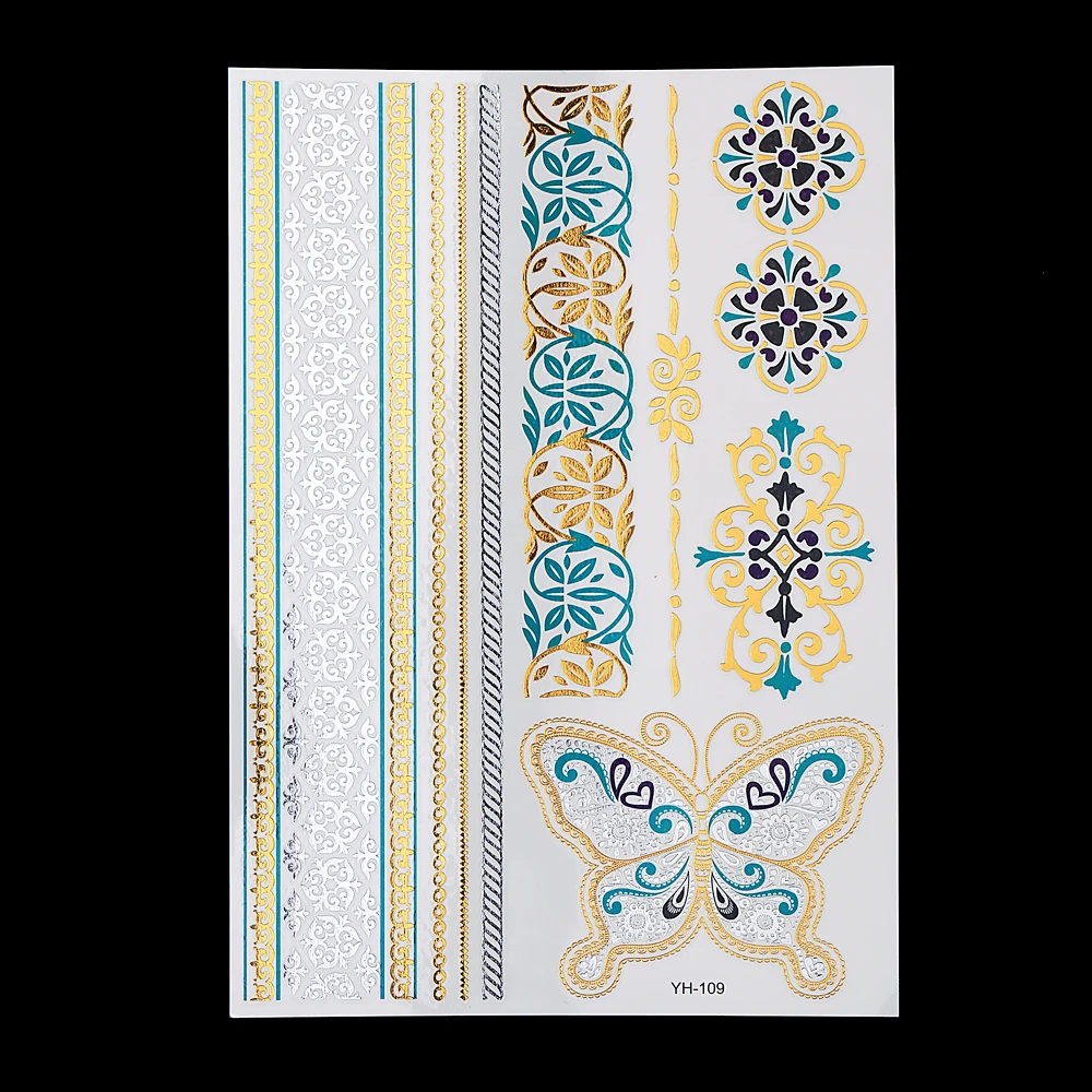 1 лист боди-арт наклейки флеш-тату металлик золото серебро временные YH-109 3D