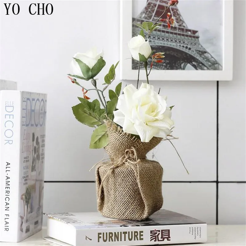 Оптовая продажа искусственные розы в горшках льняная упаковка с вазой подарок
