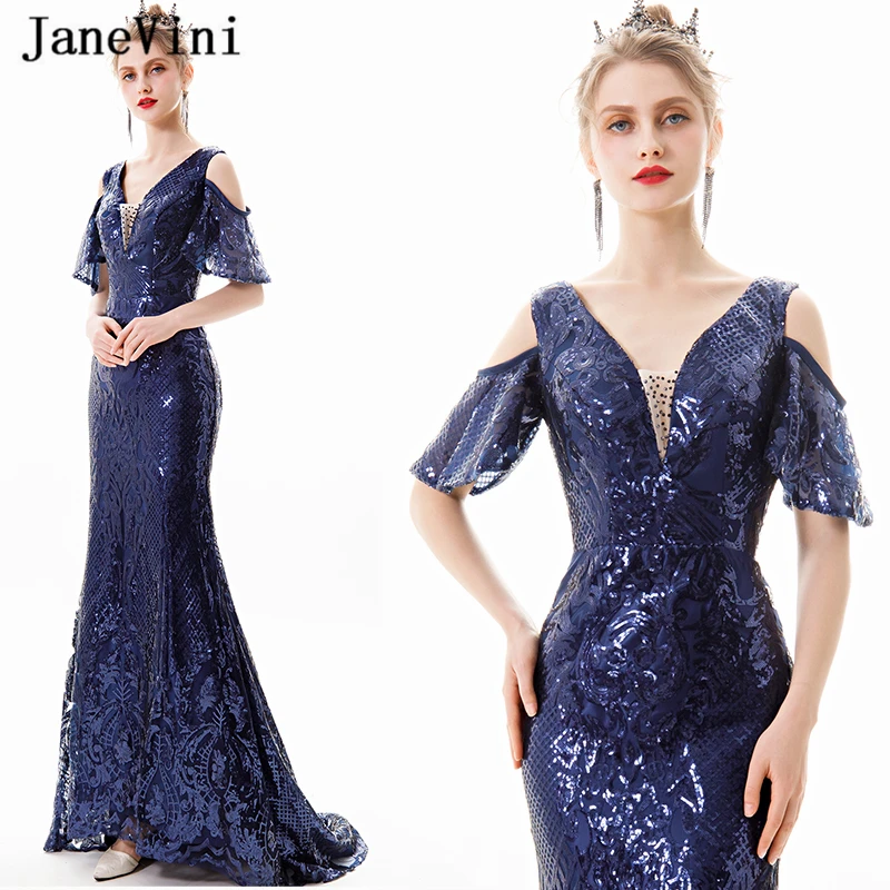 

JaneVini Fashion Navy Blue Prom Dresses Long 2019 Mermaid V Neck Sparkle Sequined Sexy Backless Formal Party Gowns Robe De Gala