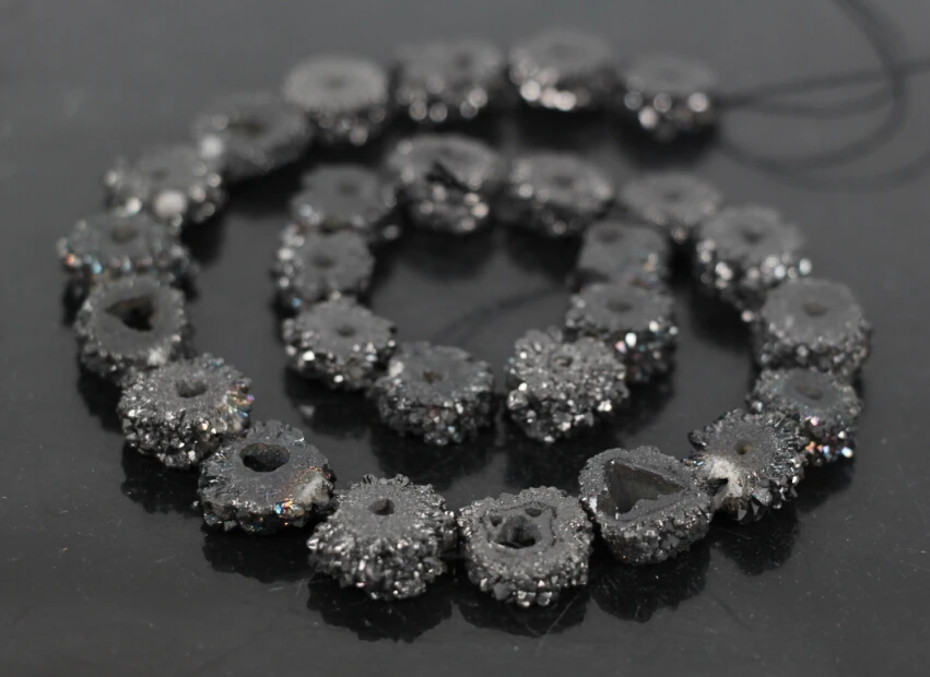 AAA-Grade 15 5 &quotнити черные титановые Druzy кварцевые геодезические цветочные круглые с