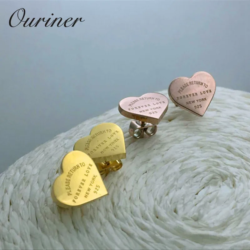 Женские серьги гвоздики из нержавеющей стали розового золота с надписью Forever Love