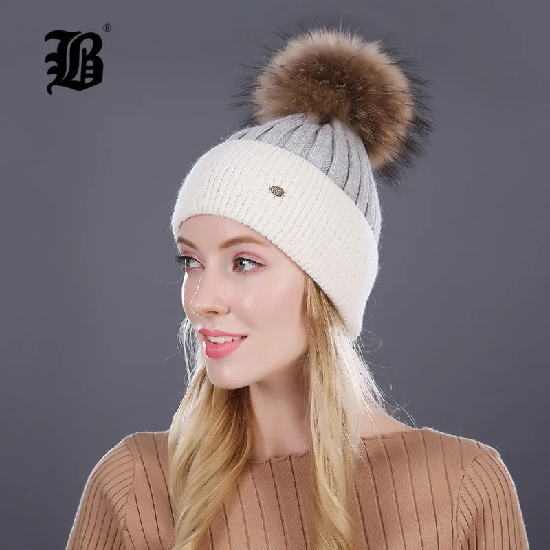 [Flb] зимняя шапка для женщин вязаный шерстяной Lady шапочки Cap Natural енота Fox меховой помпон Hat Лоскутная Женская Повседневная Skullies - Цвет: 17016 08B