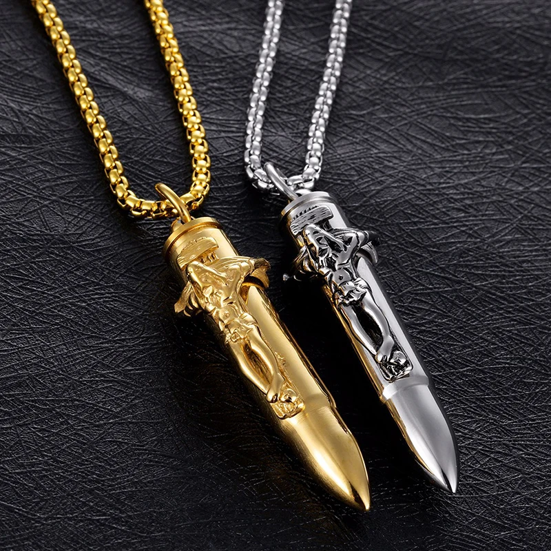 Hip Hop Rock INRI Cross Crucifix Jesus Bullet Pendants Necklace Gold Color 316L Stainless Steel Men Jewelry Drop Shipping | Украшения и