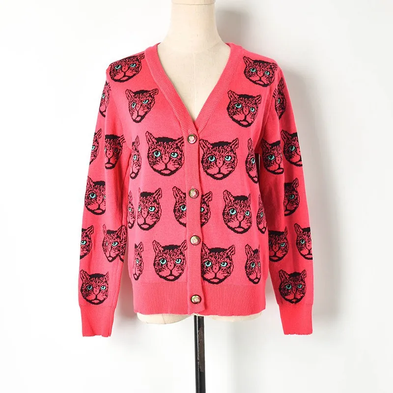 2019 Winter Spring New Fashion Cardigan Cat Pattern Jacquard Vintage Sweater Jacket Jersey Luxury Wool Knitted Outwear C-346 | Женская