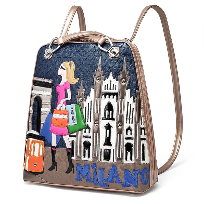 Women Leather Patchwork Embroidery Backpack Preppy Style Schoolbag Travel Bag Totes Braccialini Brand Style Cartoon Tourist Girl