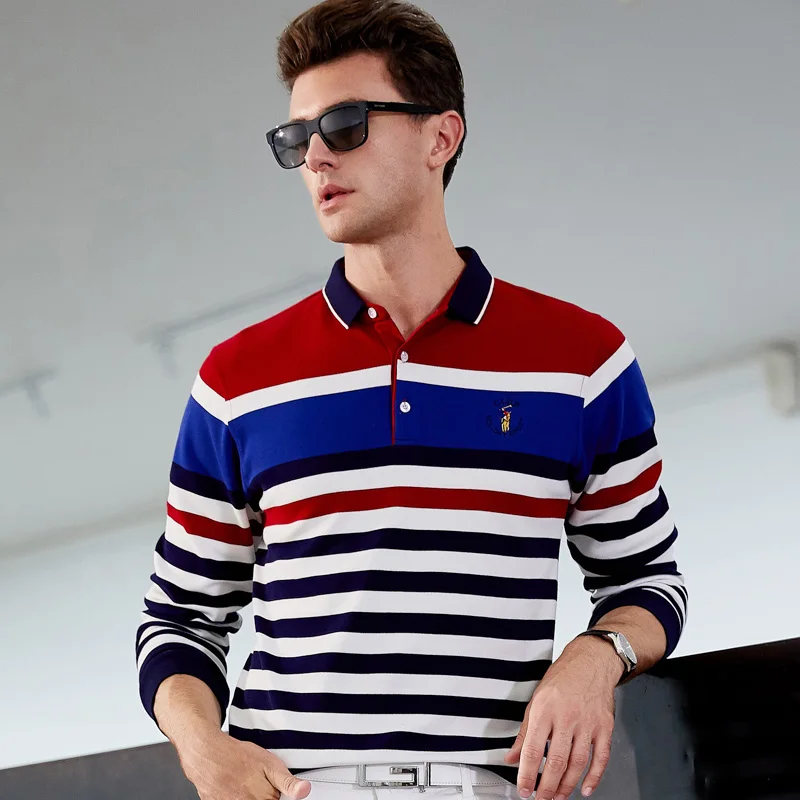 Autumn winter New Polo Shirt High Quality Brand 100% Cotton Men's Business Casual Striped Solid Men | Мужская одежда
