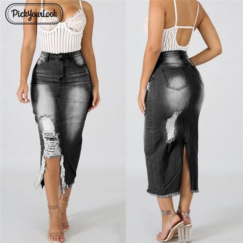 Женская джинсовая юбка Pickyourlook размера плюс, высокая талия, рваная юбка макси, Женская винтажная Облегающая джинсовая юбка, женская уличная юбка