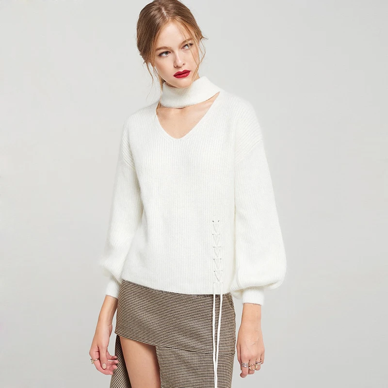 MakeUchic Women Solid White/Purple Sweater Hollow Out Turtleneck Lantern Sleeve Lace Up Cross Knitted Casual Female Pullovers | Женская
