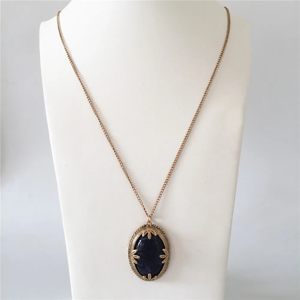 Bohemia Antique Gold Color plating Marble Navy Stone Enfold Pendant Long Necklace For Women Lady Sweater Decoration Europe Spain | Украшения