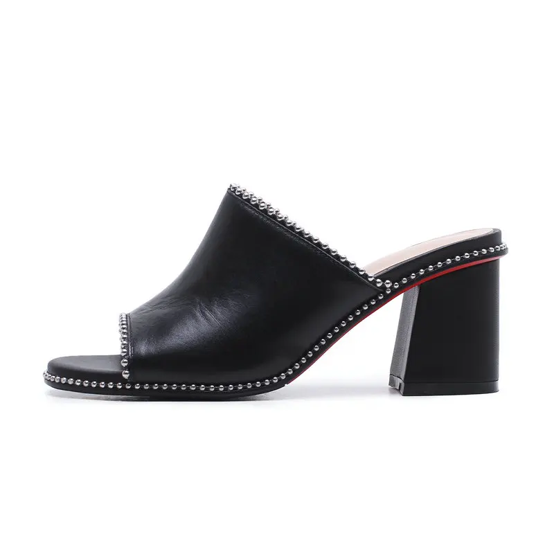 

Genuine Leather Women Slippers Mules Shoes High Heels peep Toe Summer Shoes Woman Brand Female Slides Black white