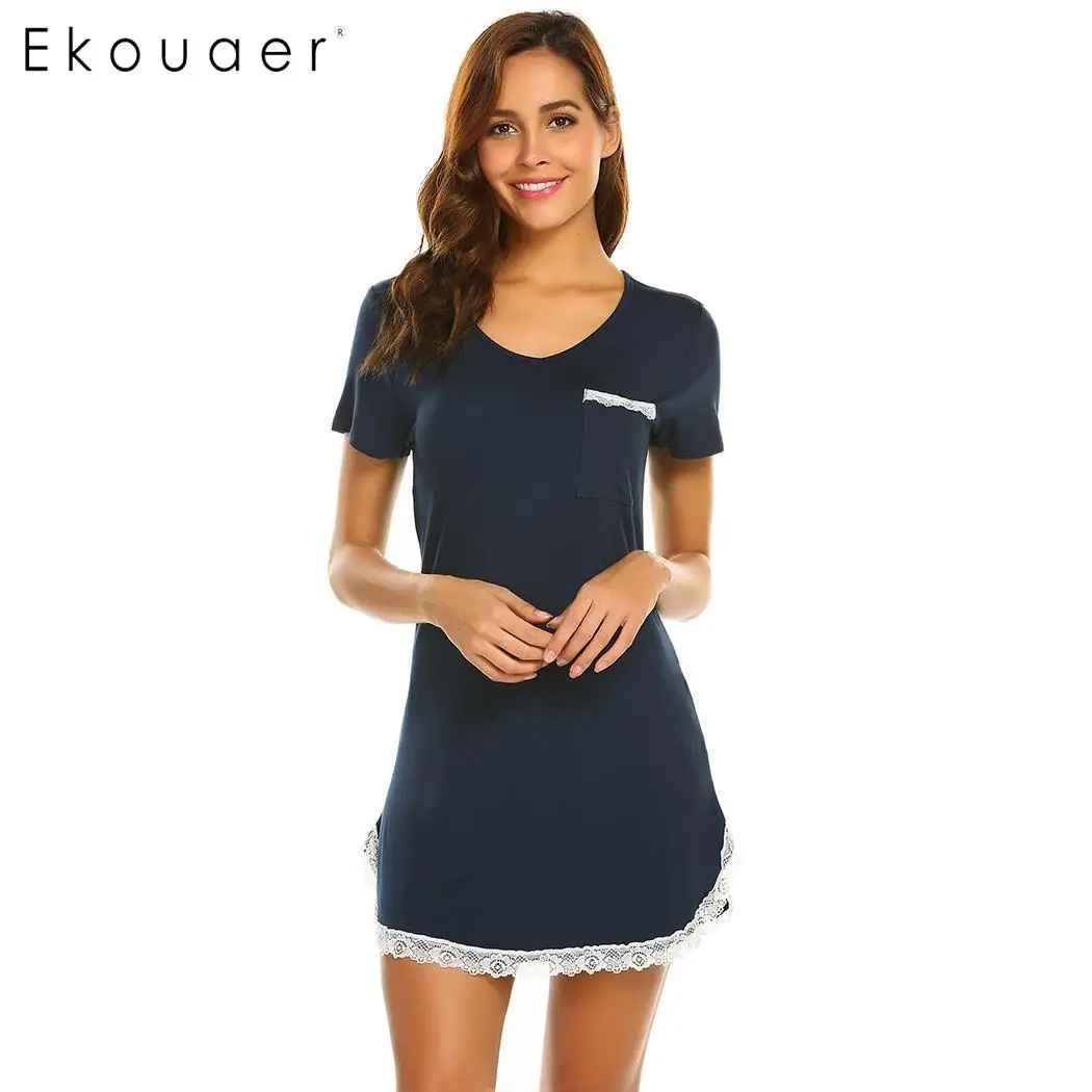 navy blue Ekouaer, летняя Ночная сорочка, ночная рубашка с круглым вырезом и коротким рукавом, кружевная ночная рубашка, мягкая домашняя одежда для сна, ночная рубашка - Цвет: navy blue