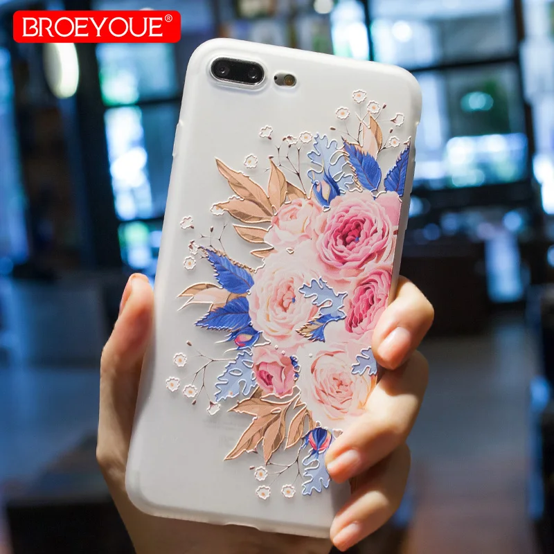 BROEYOUE Case For iPhone 7 8 6 6S Plus 5 5S SE X 3D Relief Soft Silicone TPU Flowers Cases Fundas Cell Phone |