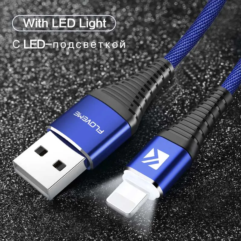 Blue with LED Светодиодный кабель FLOVEME для быстрой зарядки и USB для iPhone X, 7, 8, 6, 6s plus, нейлоновые кабели для мобильных телефонов, для iPad, Apple, кабель для передачи данных - Цвет: Blue with LED